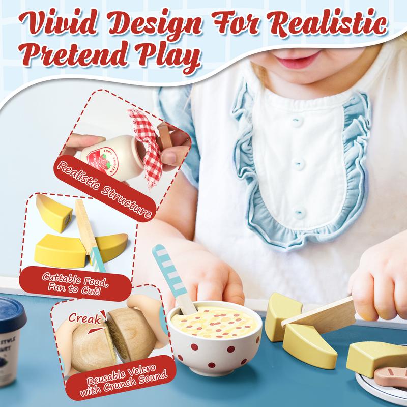 Play Food Sets for Kitchen, Wooden Toys for Gifts, Pretend Play, Wooden breakfast toys，Cutting food toys，Toy food educational gifts，Accessories with breakfast playfood play pretend coc in