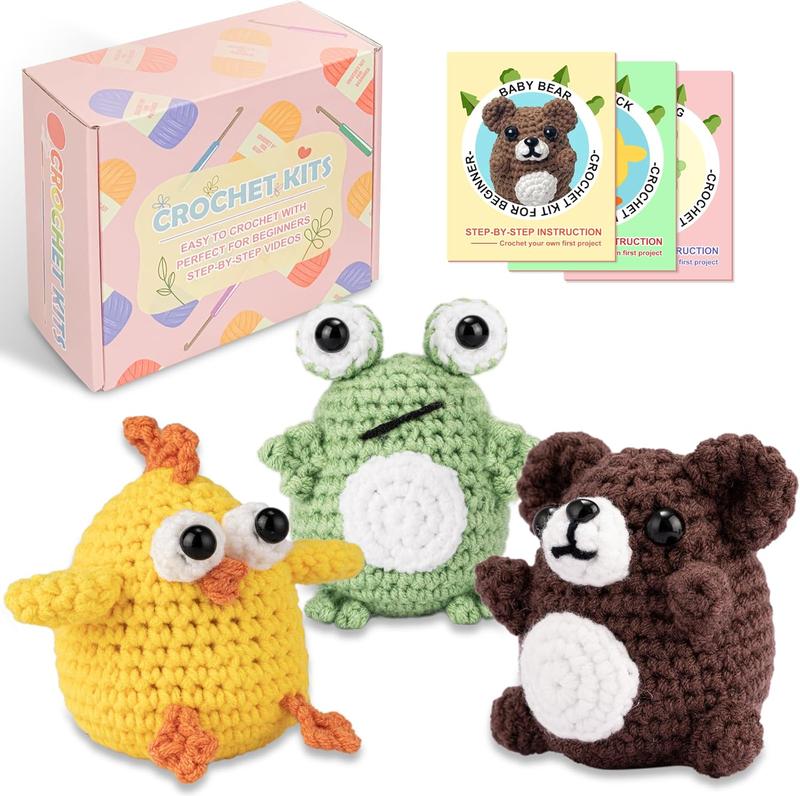 Crochet Kit for Beginners, Beginner Crochet Kit for Adults with Step-by-Step Video Tutorials, Crochet Animal Kit - Frog, Bear, Chicken