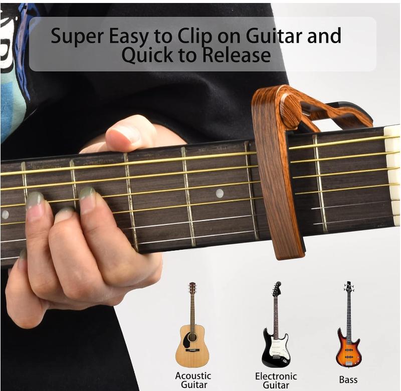 Guitar Capo, Guitar Picks, Guitar Accessories with Guitar Tuner, Capo for Acoustic Guitar, Bass, Buzzing-Free, Quick Release, Guitar Tuner Clip on for Guitar, Violin, Bass, Ukulele Chromatic, Rosewood