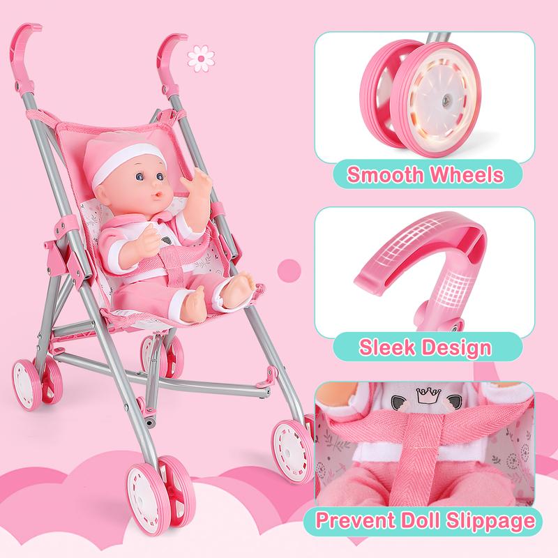 deAO Doll Stroller Crib Bed Nursery Role Play Set Doll Accessories and Play Mat,Travel Cot,Bouncer,Foldable Stroller and Travel Bag