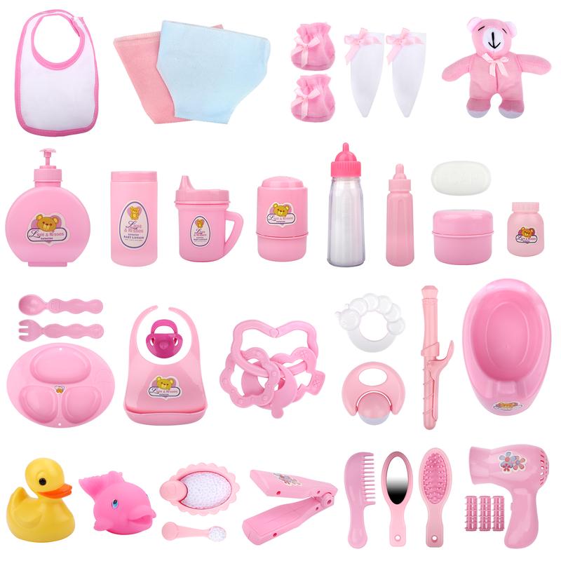 deAO 40 Piece Doll Accessories Bag with Feeding Accessories, Clothes, Doll Bear, Bath Toys, Soother Dummy and Much More - Great Nurturing Pretend Toy