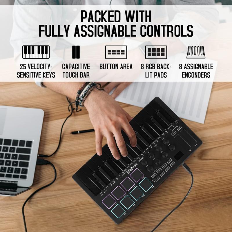 25 Key USB MIDI Keyboard Controller With 8 Backlit Drum Pads, Bluetooth Semi Weighted Professional dynamic keybed 8 Knobs and Music Production,Software Included (Black)