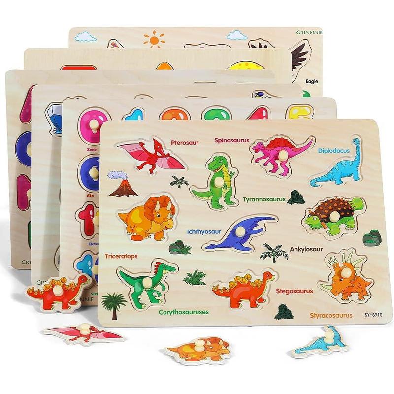 GRINNNIE Wooden Peg Puzzle for Toddlers, 6 Pack Toddler Puzzles Set for 3 4 5 Years Old (Alphabet Number Shape Animal Dinosaur Vehicle), Preschool Education Learning Puzzle Toys for Girls and Boys