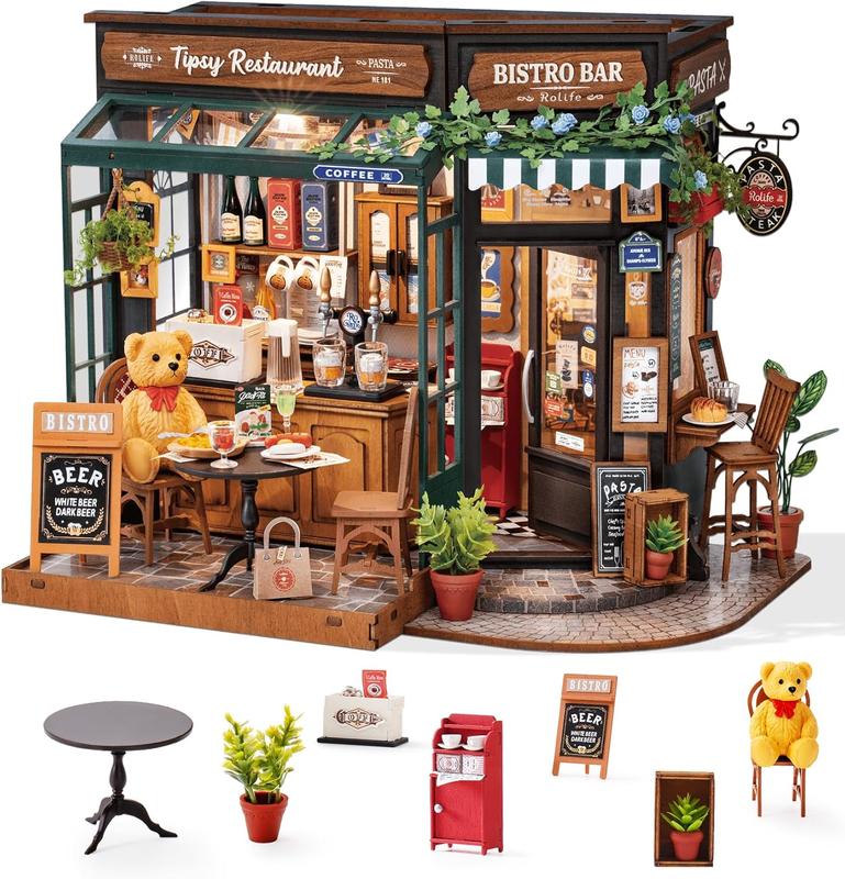 Rolife Tipsy Restaurant DIY Miniature House Mini Wooden Dollhouse Kit Tiny House Diorama Building Kits christmas 2024 ornament Craft Hobbies Gift