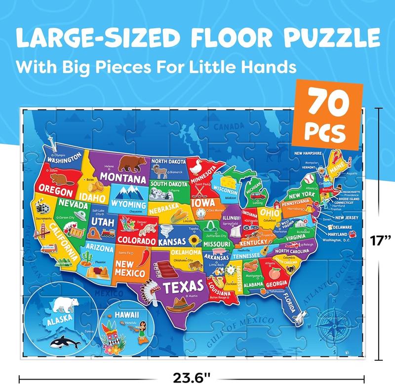 United States Puzzles for Kids Ages 4-6 - Educational Toys for Boys  Girls - 70 count USA Map Kids Puzzle with 50 States  Capitals - Christmas Gifts for Kids - Floor Jigsaw Puzzles