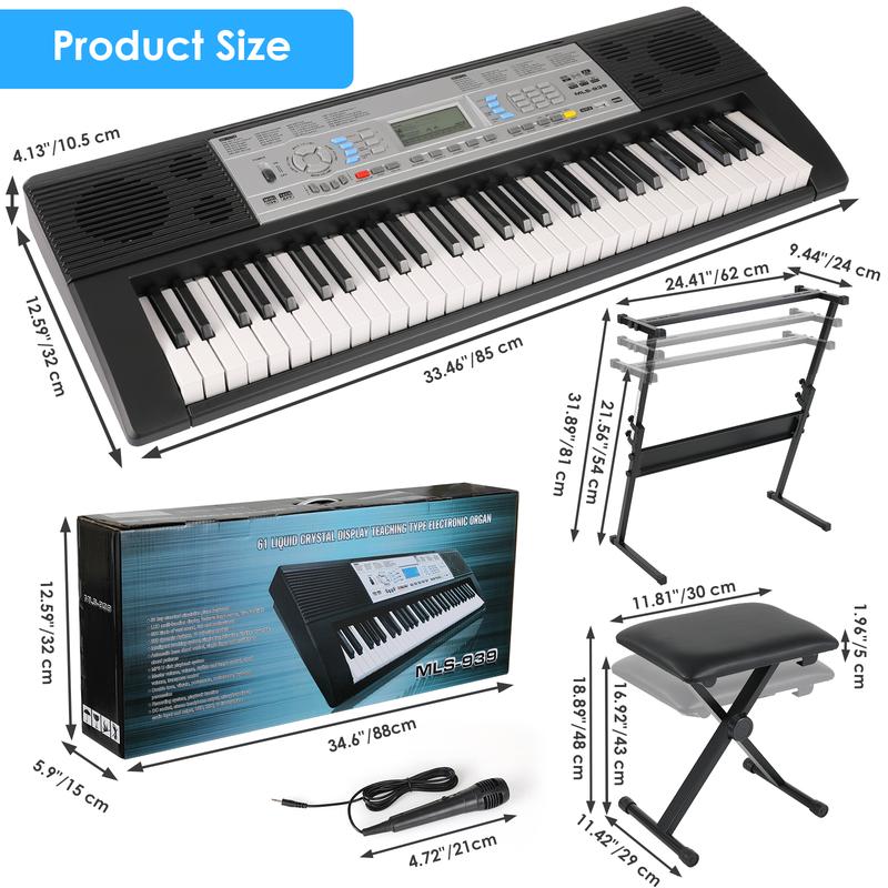 61-Key Electric Keyboard Piano for Beginners - Includes X-Stand, Stool, Microphone, Dual Power Supply, 3 Teaching Modes, LCD Display, and USB MIDI Support - Ideal for Christmas and Thanksgiving