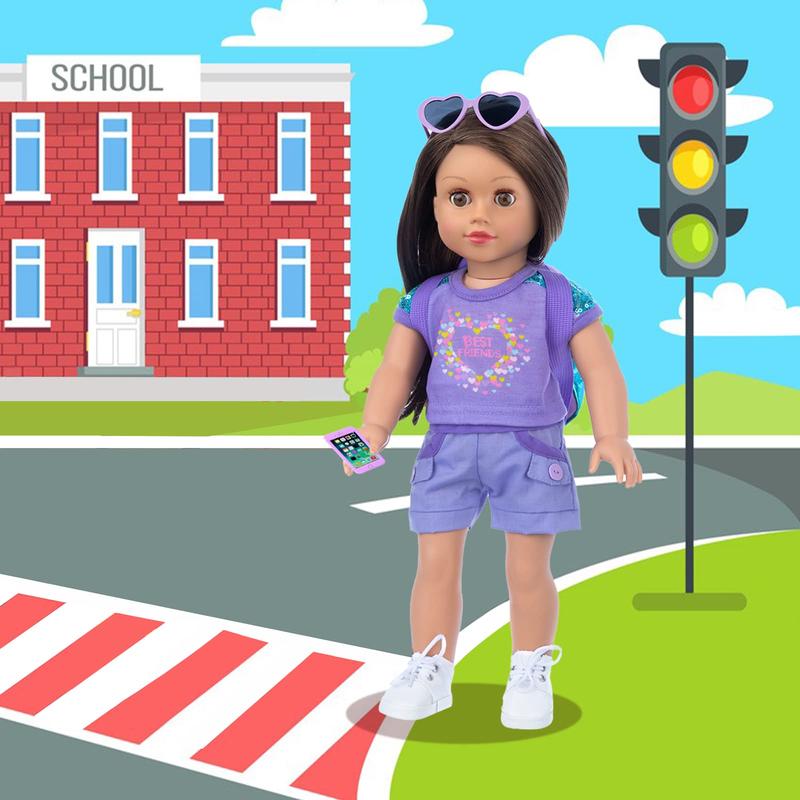 18 Inch Girl Doll Clothes and Accessories School Supplies Playset with Doll Clothes,School Bags, Sunglasses, Pencils, Pencil Sharpener, Notebooks, Phone, Hair Clip, Stickers （No Doll）