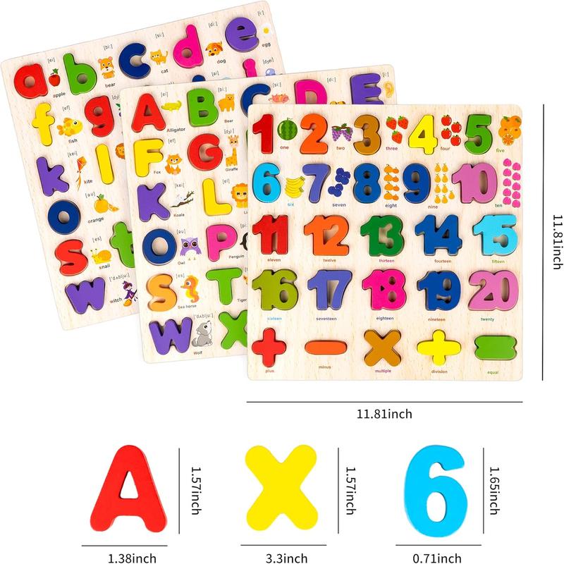 Wooden Alphabet Puzzle for Toddlers, 3 in 1 Lower Case Alphabet Letter Puzzles ABC Uppercase & Lowercase & Number Puzzle Set for Preschoolers Kids Ages 3-5 Alphabet Learning Educational Toy