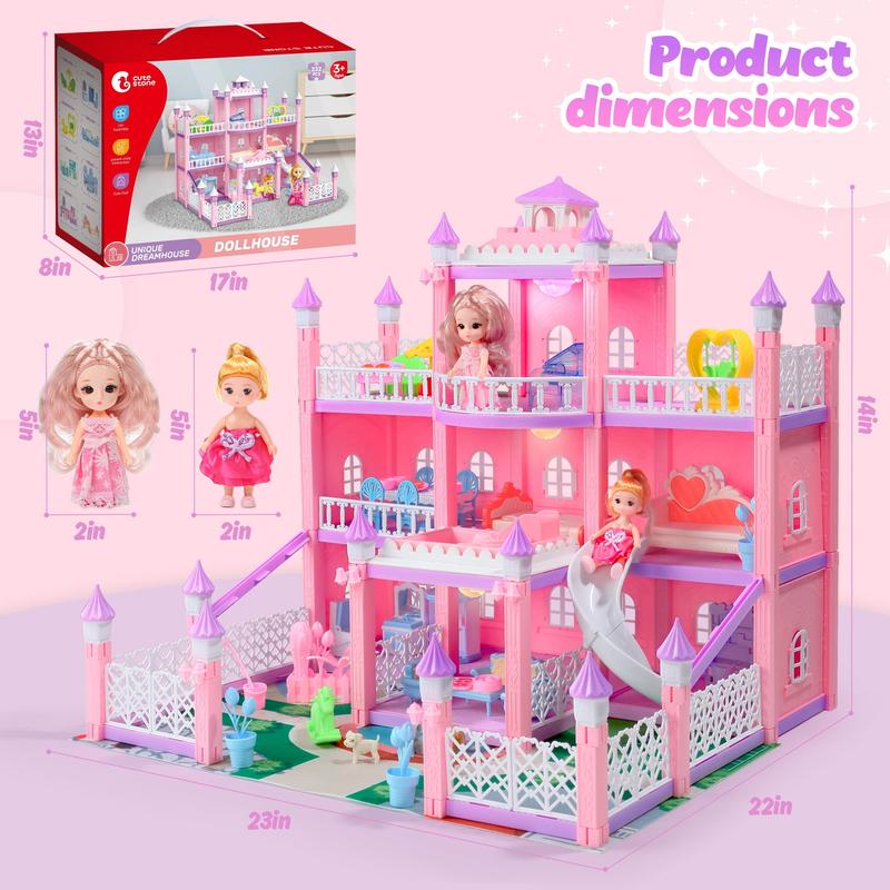 Doll House ,3-Story 7Rooms Dollhouse,Doll house Furniture and Accessories, DIY Building Pink Dollhouse gift