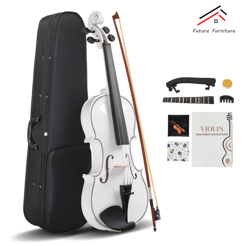 Upgraded Full Size 4 4 Violin Set for Adults Beginners Students with Hard Case,Violin Bow,Shoulder Rest,Rosin,Extra Strings and Sordine (White)