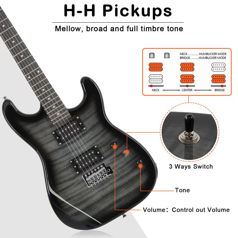 Glarry GST Stylish H-H Pickup Tiger Stripe Electric Guitar Kit with 20W AMP Bag Guitar Strap Black