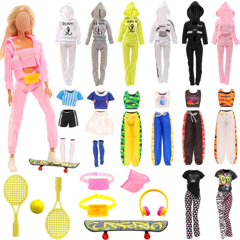 BARWA 28 Pcs Doll Sport Suits and Accessories Including Hooded Sports Suit Casual Outfits Tops and Pants Tennis Suit Set and Tennis Racket Skate Accessories for 11.5 Inch Girl Dolls