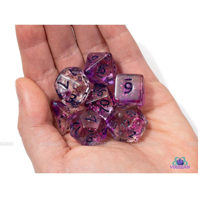 Purple Palooza | Translucent and Purple Glitter Splatter | Clear Resin Dice Set (7)