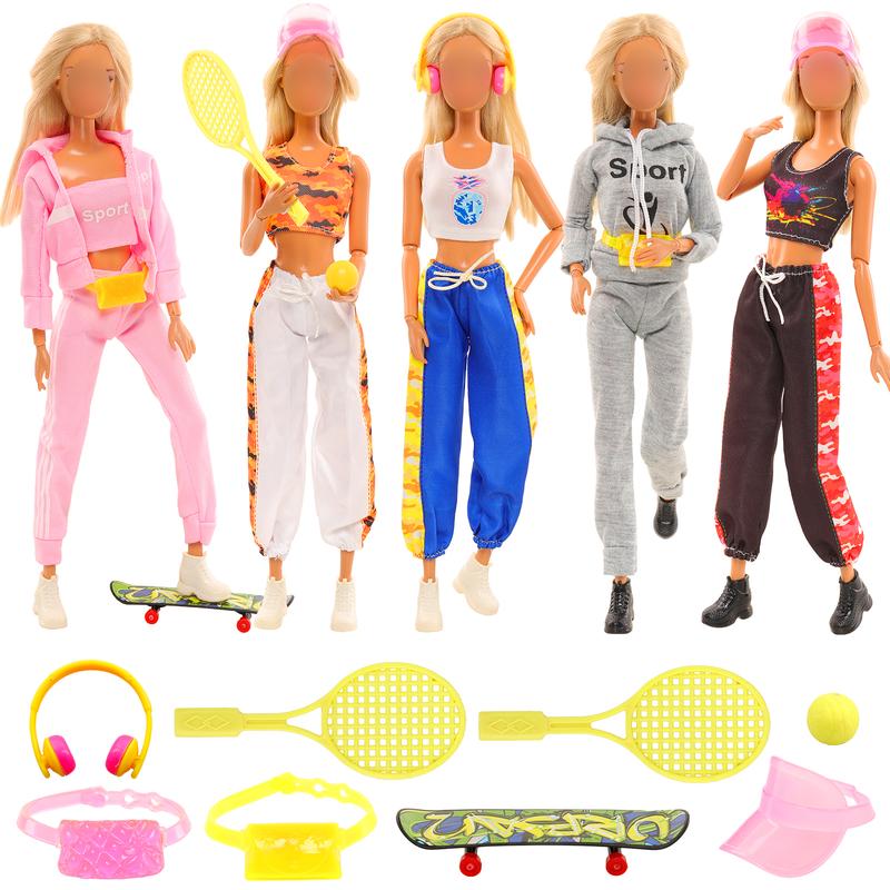 BARWA 28 Pcs Doll Sport Suits and Accessories Including Hooded Sports Suit Casual Outfits Tops and Pants Tennis Suit Set and Tennis Racket Skate Accessories for 11.5 Inch Girl Dolls