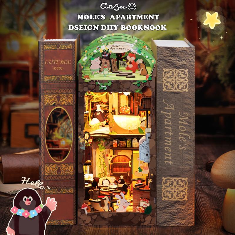 CUTEBEE DIY Book Nook Kit, DIY Dollhouse Booknook Bookshelf Insert Decor Alley, Bookends Model Build-Creativity Kit with LED Light(MOLE'S  APARTMENT)