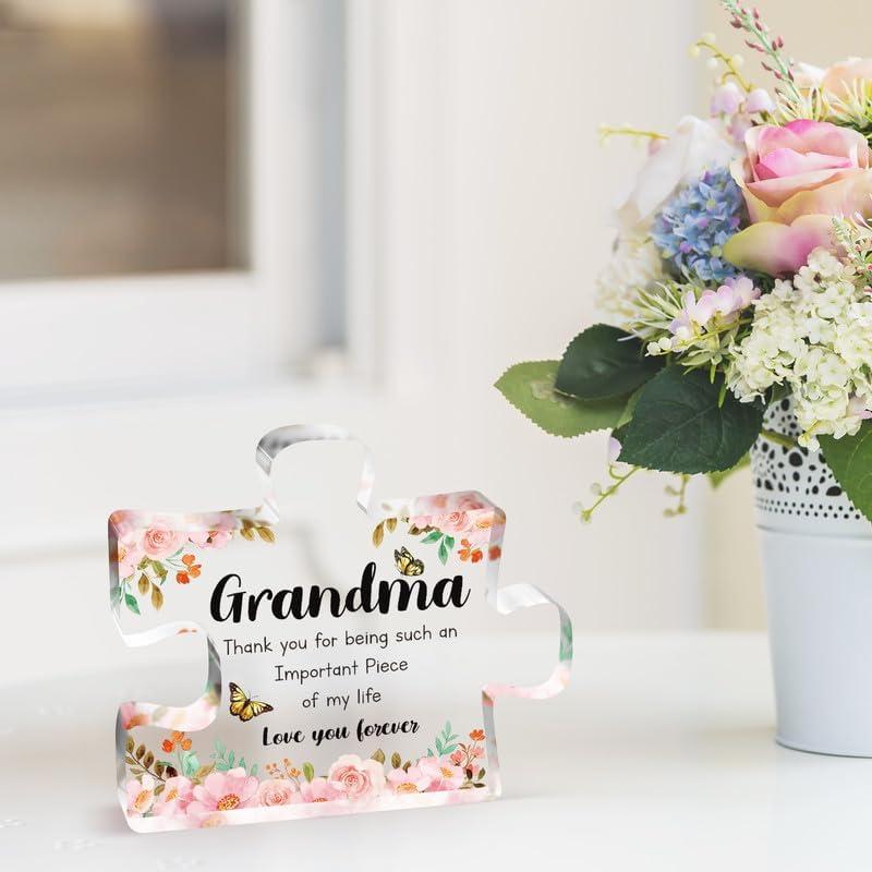 Gifts for Grandma - Delicate Grandma Birthday Gifts from Grandkids - Engraved Acrylic Puzzle Piece 3.9 x 3.3 inch - Mothers Day Thanksgiving Birthday Gifts for Grandma Grandmother, Ideas