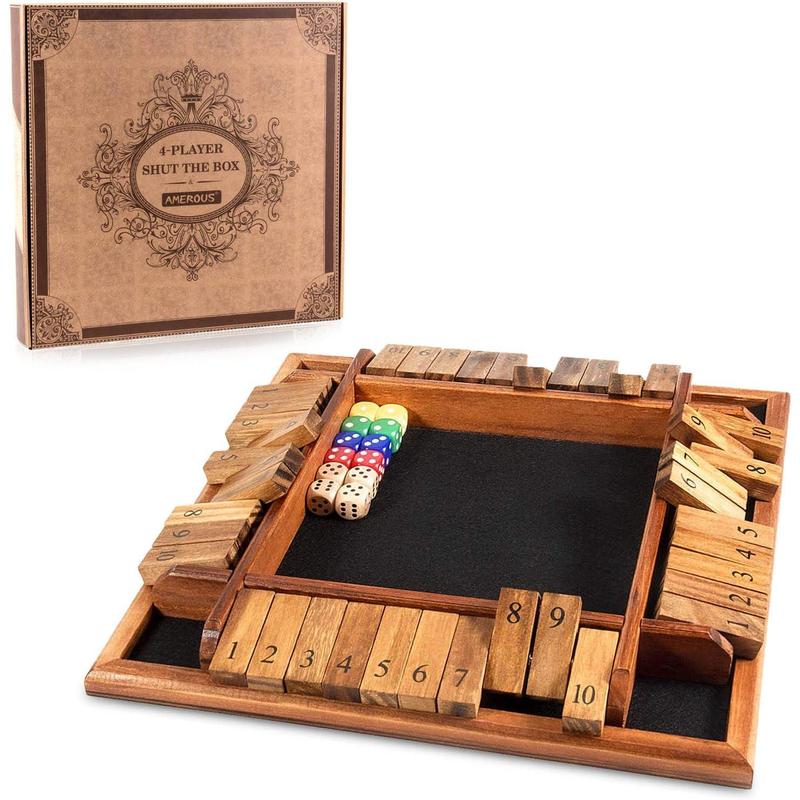 1-4 player box closing dice game, wooden tabletop math game with 12 dice, and box closing instructions for children, adults, family classrooms, homes, or bars (12 inches)