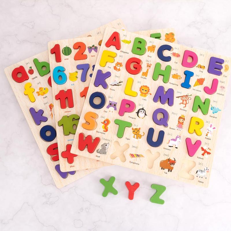 Wooden Alphabet Puzzle for Toddlers, 3 in 1 Lower Case Alphabet Letter Puzzles ABC Uppercase & Lowercase & Number Puzzle Set for Preschoolers Kids Ages 3-5 Alphabet Learning Educational Toy