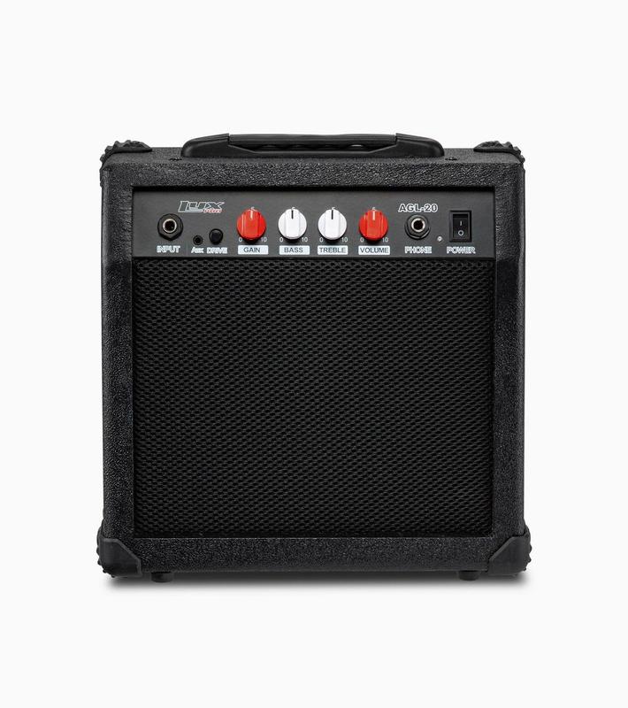 LyxPro Guitar Amp 20 Watt Amplifier Built in Speaker Headphone Jack and Aux Input Includes Gain Bass Treble Volume and Grind