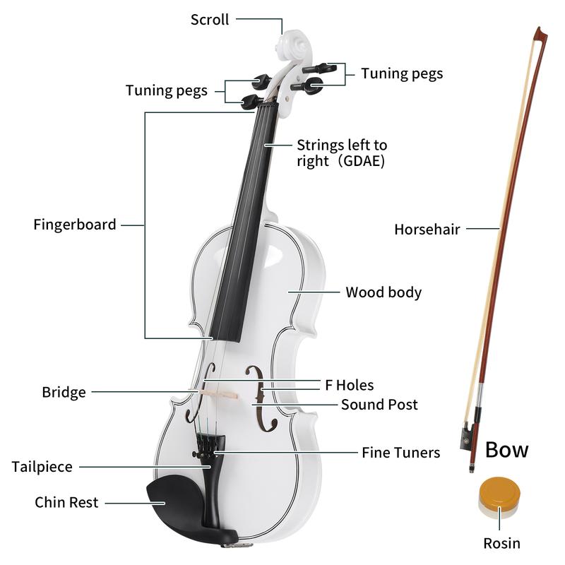 Upgraded Full Size 4 4 Violin Set for Adults Beginners Students with Hard Case,Violin Bow,Shoulder Rest,Rosin,Extra Strings and Sordine (White)