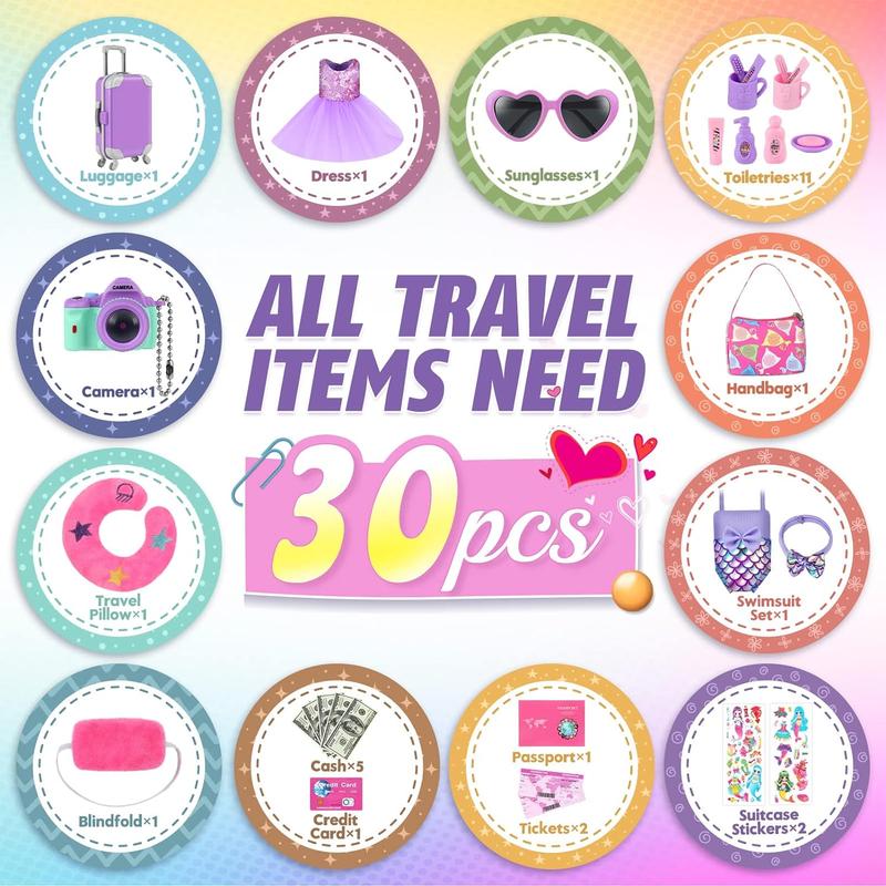 30 PCS 18 Inch Girl Doll Accessories Suitcase Travel Play Set - Camera, Suitcase Stickers, Toiletries, Pillow, Blindfold, Sunglasses, Passport, Tickets, Cash, Fit for 18 Inch Girl Doll