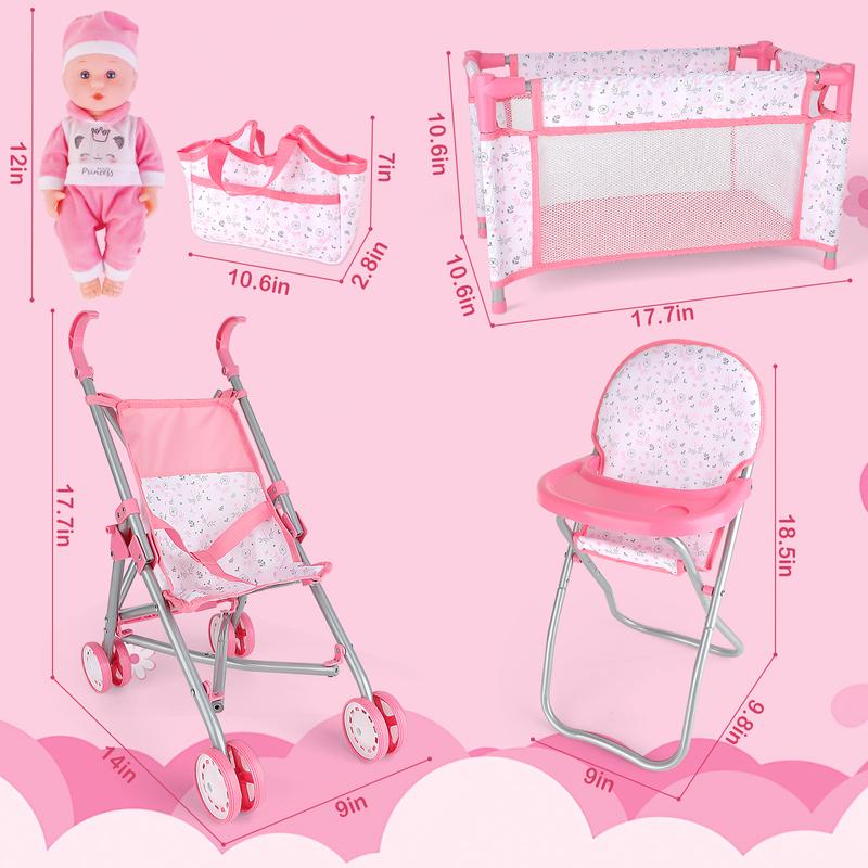 deAO Doll Stroller Crib Bed Nursery Role Play Set Doll Accessories and Play Mat,Travel Cot,Bouncer,Foldable Stroller and Travel Bag