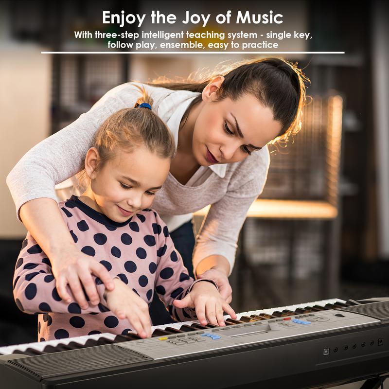 61-Key Electric Keyboard Piano for Beginners - Includes X-Stand, Stool, Microphone, Dual Power Supply, 3 Teaching Modes, LCD Display, and USB MIDI Support - Ideal for Christmas and Thanksgiving