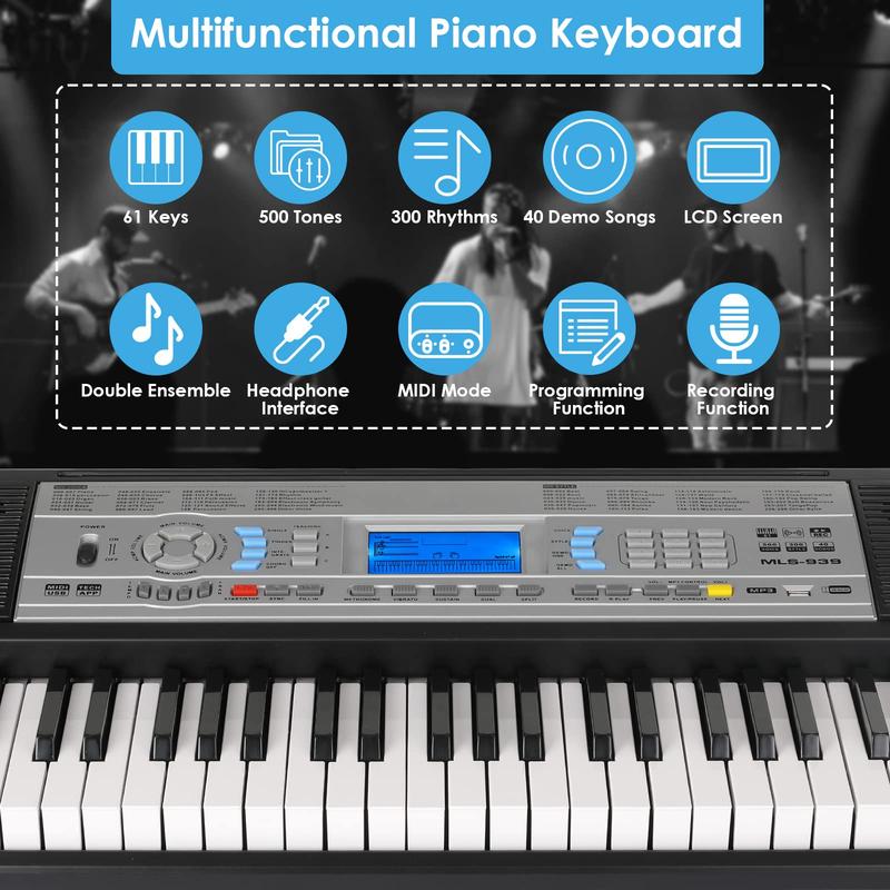 61-Key Electric Keyboard Piano for Beginners - Includes X-Stand, Stool, Microphone, Dual Power Supply, 3 Teaching Modes, LCD Display, and USB MIDI Support - Ideal for Christmas and Thanksgiving