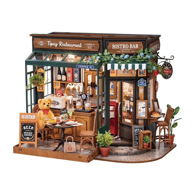 Rolife Tipsy Restaurant DIY Miniature House Mini Wooden Dollhouse Kit Tiny House Diorama Building Kits christmas 2024 ornament Craft Hobbies Gift