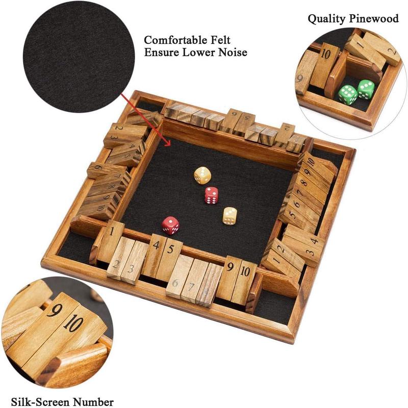 1-4 player box closing dice game, wooden tabletop math game with 12 dice, and box closing instructions for children, adults, family classrooms, homes, or bars (12 inches)