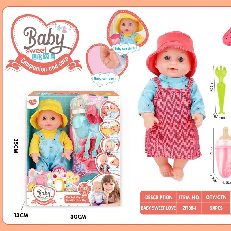 14 inch active eyed blonde water and urine doll with 10 sound ，baby doll with christmas 2024 ornament accessories，baby doll accessories for toddlers 1-5 (sheep plate+knife+fork+spoon+pacifier+bottle+tissue box+large toilet)