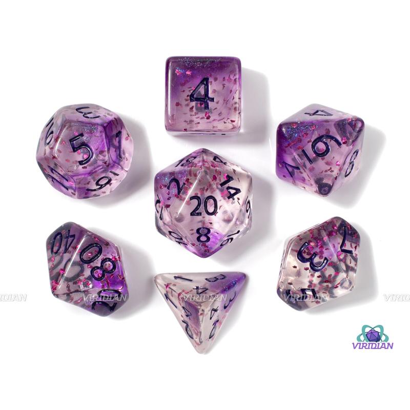 Purple Palooza | Translucent and Purple Glitter Splatter | Clear Resin Dice Set (7)