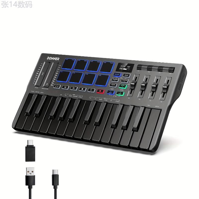 Donner DMK25 Pro MIDI Keyboard Controller, 25 Mini Key Portable USB-C MIDI Keyboard with 8 Drum Pads, OLED Display, Personalized Touch Bar, Music Production Software and 40 Free Courses