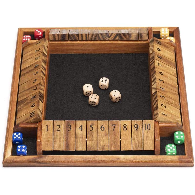 1-4 player box closing dice game, wooden tabletop math game with 12 dice, and box closing instructions for children, adults, family classrooms, homes, or bars (12 inches)