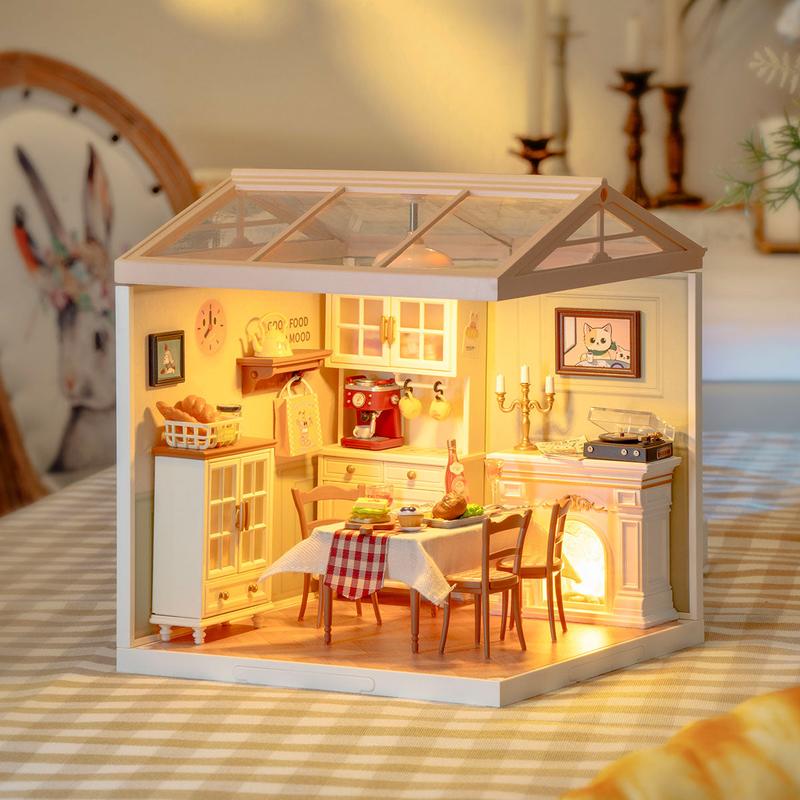 Rolife Warm Dining Room Plastic DIY Miniature House DW015B with LED Lights Plastic Craft Kit & Fun Decorative Ornament