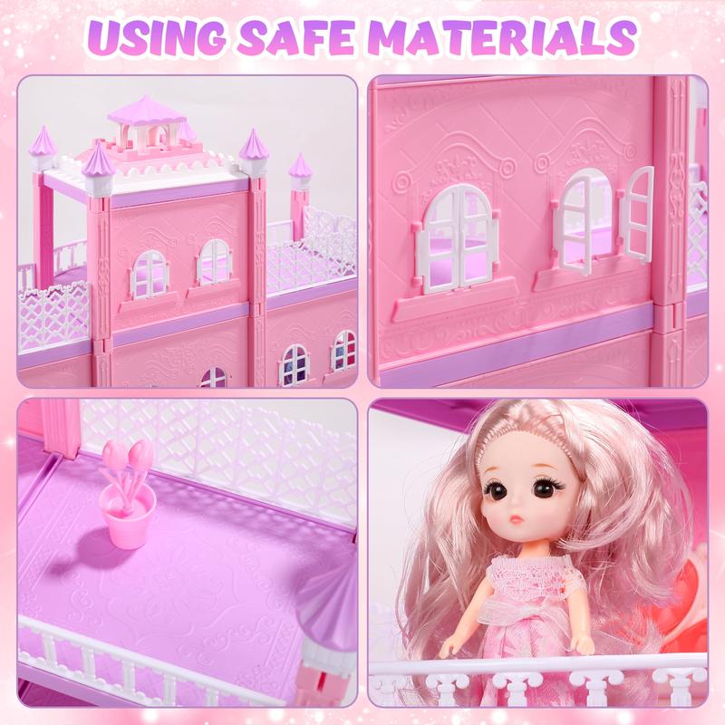 Doll House ,3-Story 7Rooms Dollhouse,Doll house Furniture and Accessories, DIY Building Pink Dollhouse gift