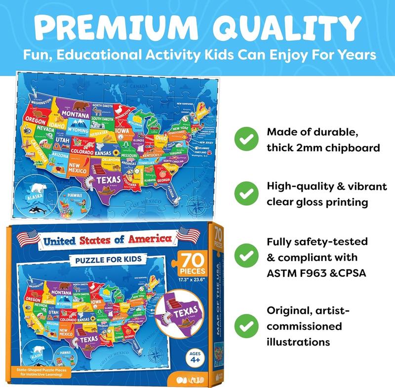 United States Puzzles for Kids Ages 4-6 - Educational Toys for Boys  Girls - 70 count USA Map Kids Puzzle with 50 States  Capitals - Christmas Gifts for Kids - Floor Jigsaw Puzzles