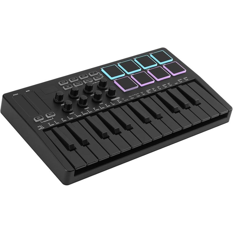 25 Key USB MIDI Keyboard Controller With 8 Backlit Drum Pads, Bluetooth Semi Weighted Professional dynamic keybed 8 Knobs and Music Production,Software Included (Black)