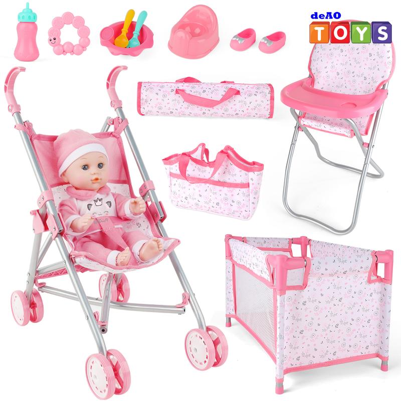 deAO Doll Stroller Crib Bed Nursery Role Play Set Doll Accessories and Play Mat,Travel Cot,Bouncer,Foldable Stroller and Travel Bag