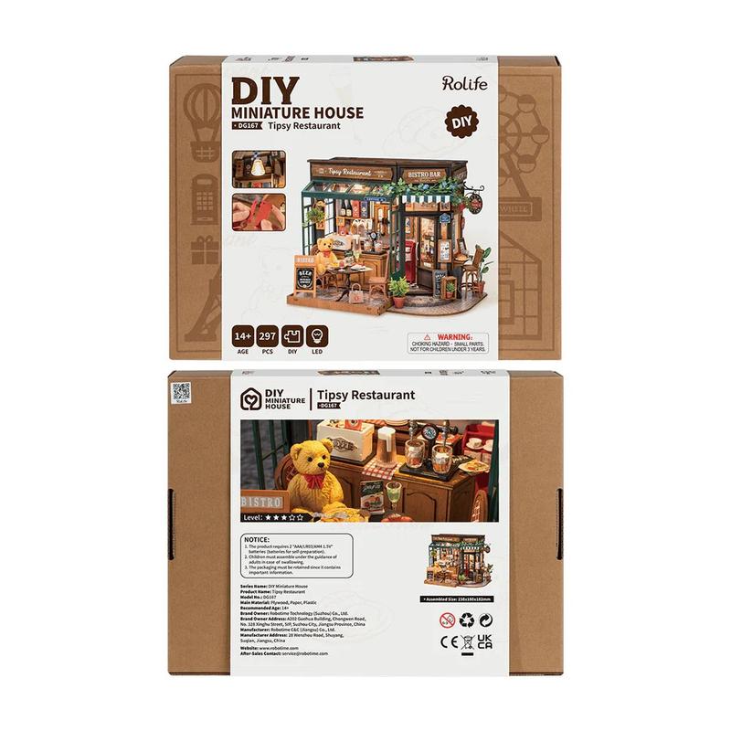 Rolife Tipsy Restaurant DIY Miniature House Mini Wooden Dollhouse Kit Tiny House Diorama Building Kits christmas 2024 ornament Craft Hobbies Gift