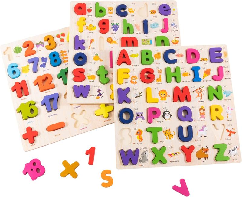 Wooden Alphabet Puzzle for Toddlers, 3 in 1 Lower Case Alphabet Letter Puzzles ABC Uppercase & Lowercase & Number Puzzle Set for Preschoolers Kids Ages 3-5 Alphabet Learning Educational Toy