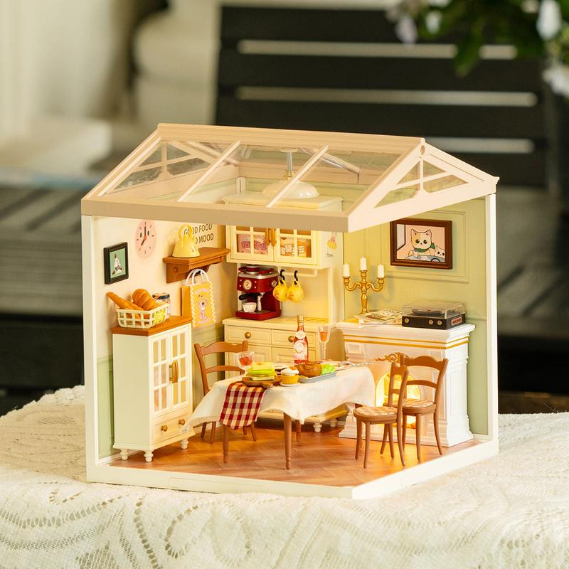 Rolife Warm Dining Room Plastic DIY Miniature House DW015B with LED Lights Plastic Craft Kit & Fun Decorative Ornament