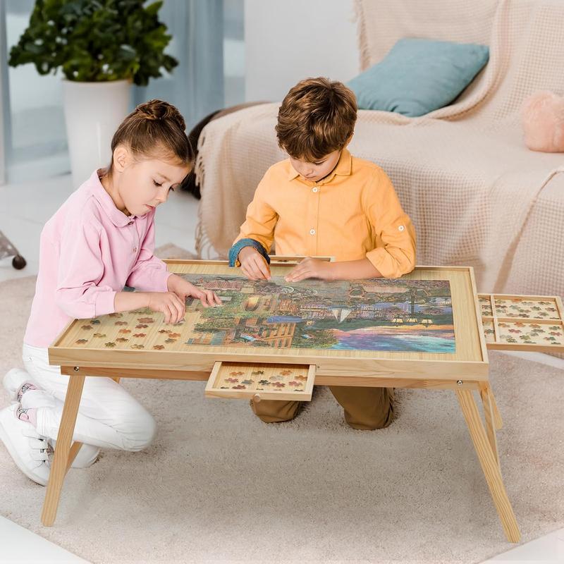 TEAKMAMA Puzzle Table 1500 Pieces Wooden Jigsaw Puzzle Board with Legs, 34.3”x 26.5” Puzzle Board with 4 Drawers and Cover, Foldable Leg Puzzle Table for Adults