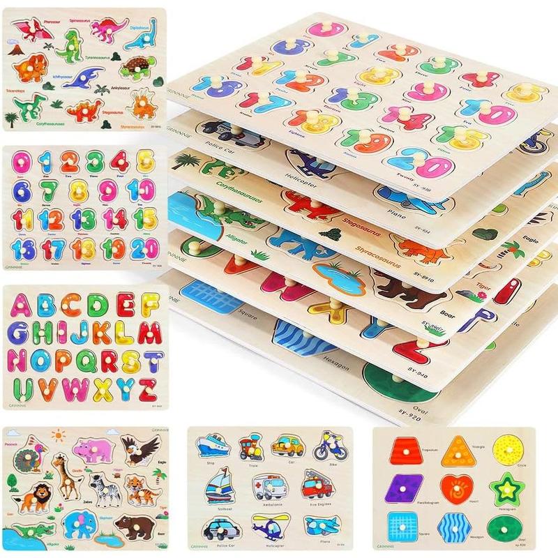 GRINNNIE Wooden Peg Puzzle for Toddlers, 6 Pack Toddler Puzzles Set for 3 4 5 Years Old (Alphabet Number Shape Animal Dinosaur Vehicle), Preschool Education Learning Puzzle Toys for Girls and Boys