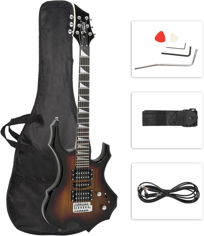 Glarry Cool Burning Fire Style Electric Guitar Christmas gift for Beginner Guitar Lover with Accessories Pack, Sunset