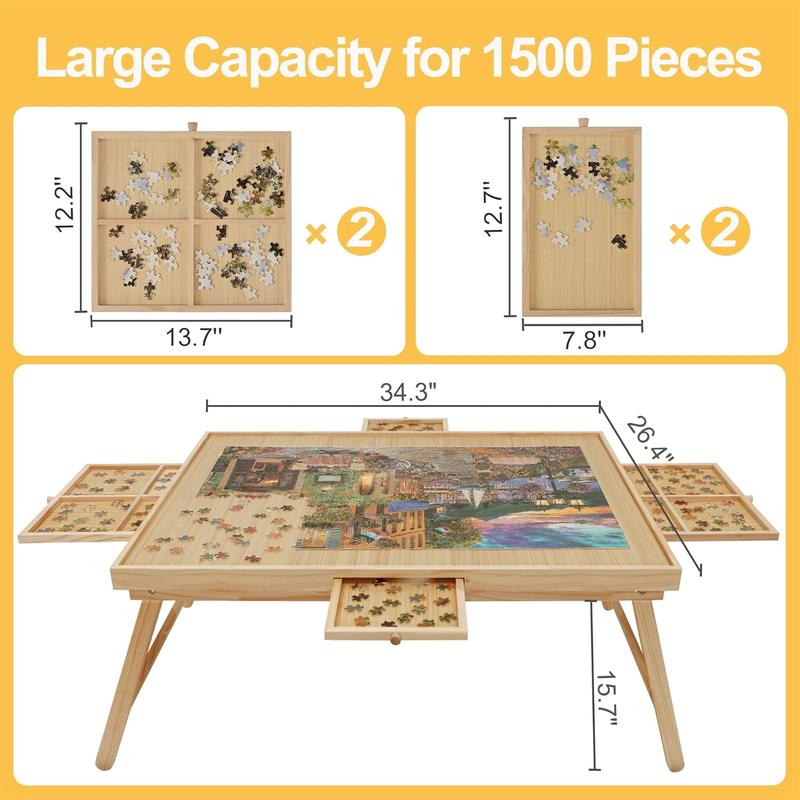 TEAKMAMA Puzzle Table 1500 Pieces Wooden Jigsaw Puzzle Board with Legs, 34.3”x 26.5” Puzzle Board with 4 Drawers and Cover, Foldable Leg Puzzle Table for Adults