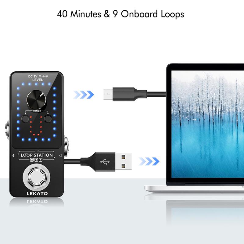 LEKATO Guitar Looper Pedal, Effect Pedal with Tuner Function, Looper Pedal Loops 9 Loops 40 minutes Record Time, with USB Cable and 9V 0.6A Pedal Power Supply Adapter