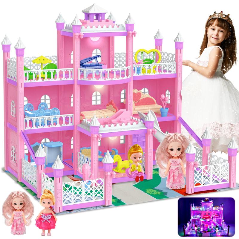 Doll House ,3-Story 7Rooms Dollhouse,Doll house Furniture and Accessories, DIY Building Pink Dollhouse gift