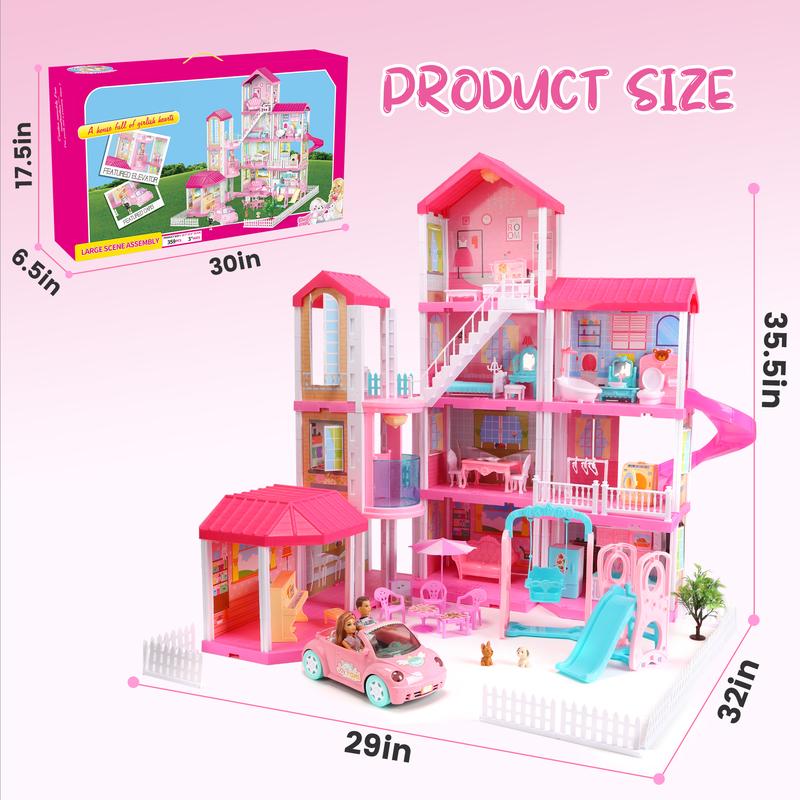 Huge Dollhouse With Elevator And Light,Doll Toy Figures Playhouse With 359 PCS,Christmas Birthday Gifts ,Pink