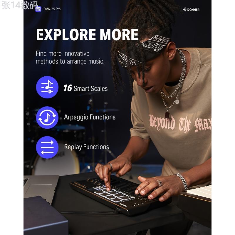 Donner DMK25 Pro MIDI Keyboard Controller, 25 Mini Key Portable USB-C MIDI Keyboard with 8 Drum Pads, OLED Display, Personalized Touch Bar, Music Production Software and 40 Free Courses